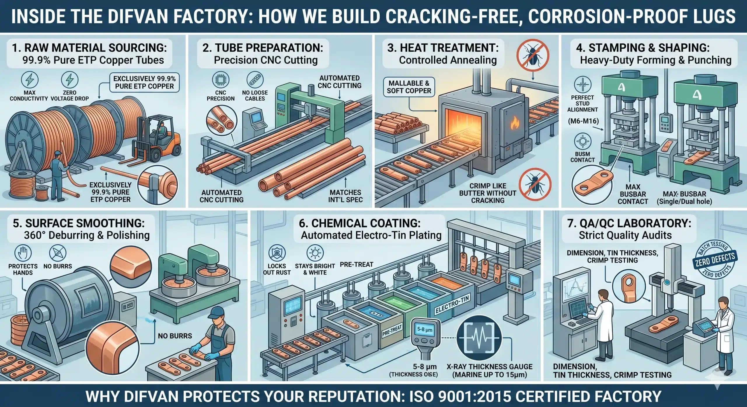 DIFVAN factory producing cracking-free and corrosion-resistant tinned copper cable lugs