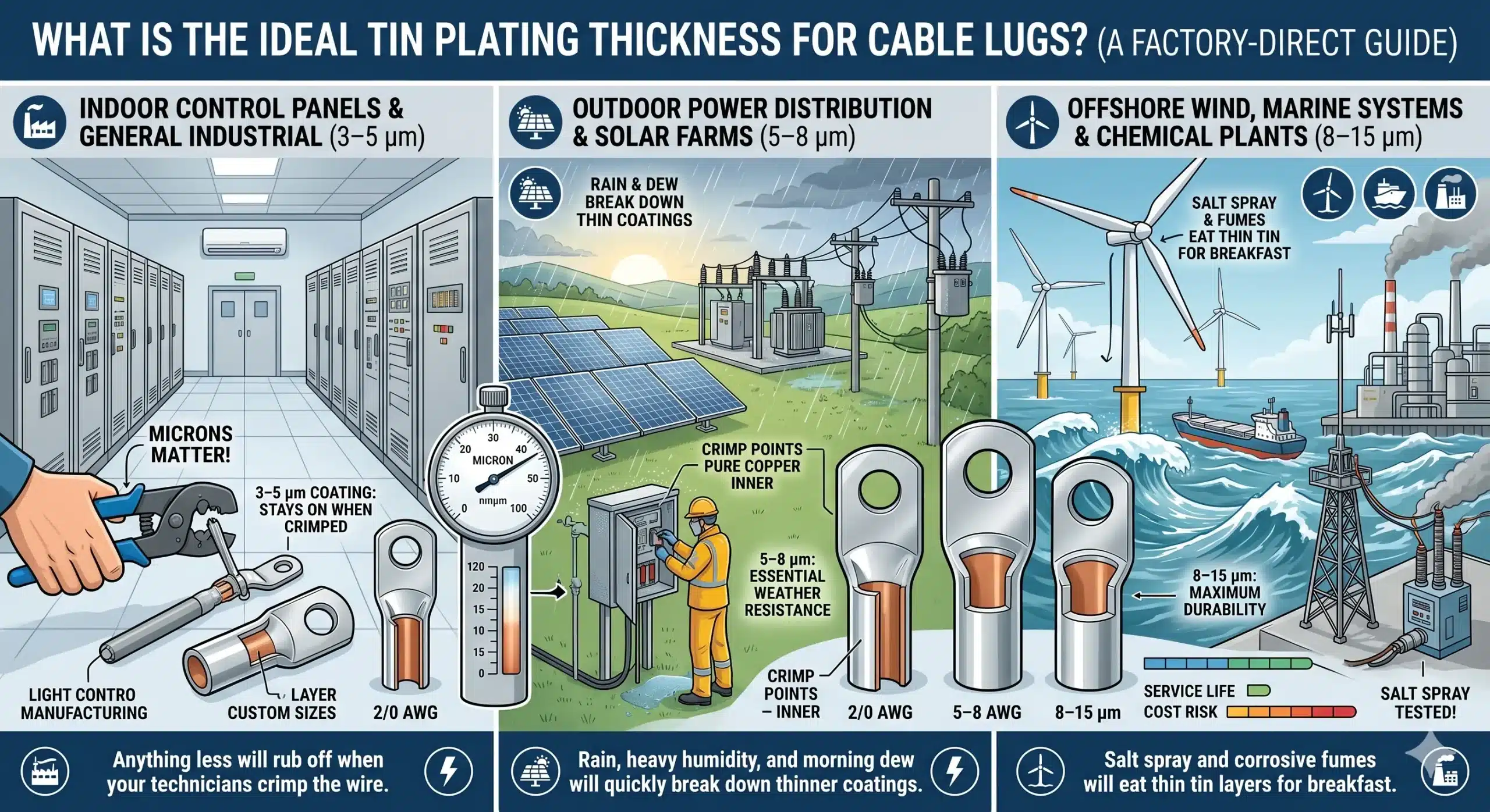 Close-up of tin-plated cable lugs showing uniform coating thickness and corrosion protection