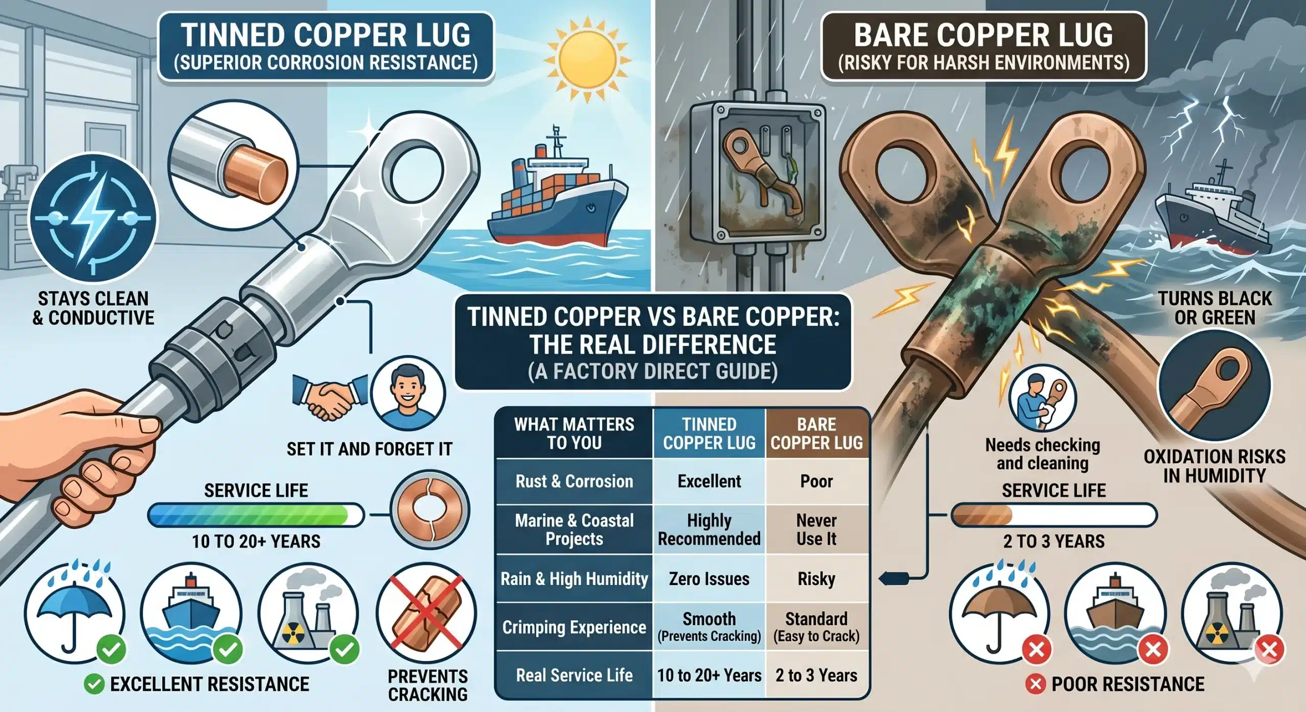 Comparison showing why tinned copper lugs offer better corrosion resistance than bare copper lugs